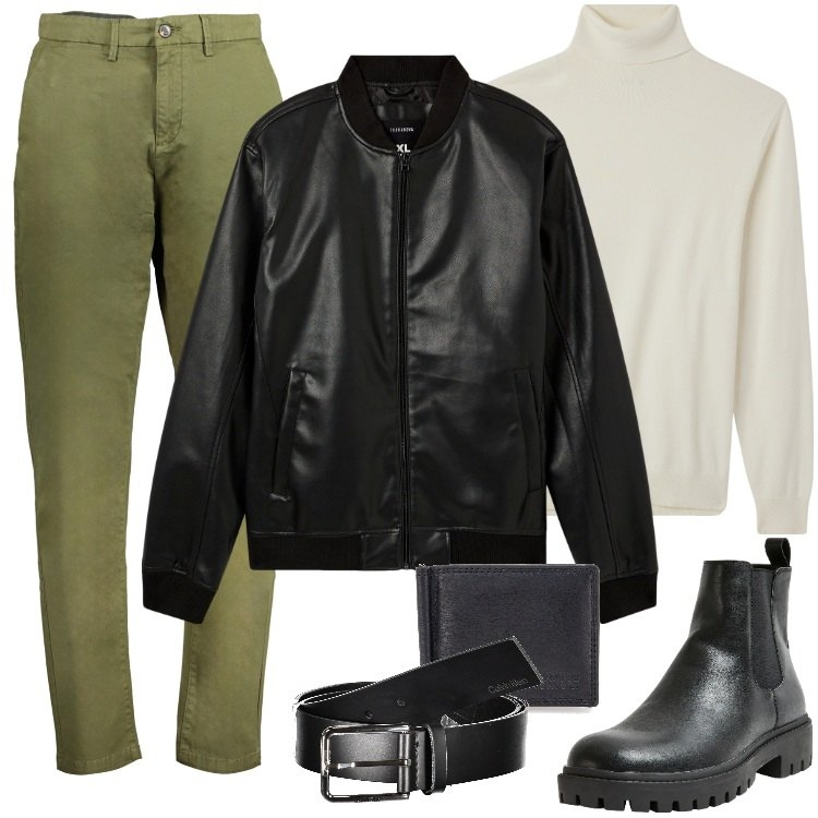 Outfit uomo - Total look #1971314. Stile Trendy per Tutti i giorni. Abbinamento con bomber, stivali e stivaletti, maglieria, portafogli, pantaloni, cinture.
