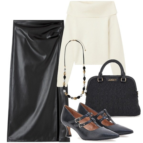 Outfit donna - Il minimal rivisitato. Stile Minimal per Ufficio. Abbinamento con gonne longuette, maglieria, décolleté, borse a spalla, collane.