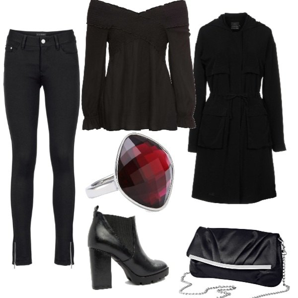 Outfit donna - Total look #197133. Abbinamento con pantaloni, bluse, pochette, soprabito collo tondo a maniche lunghe con zip interno sfoderato crêpe, stivaletti con plateau pianta larga, anello.
