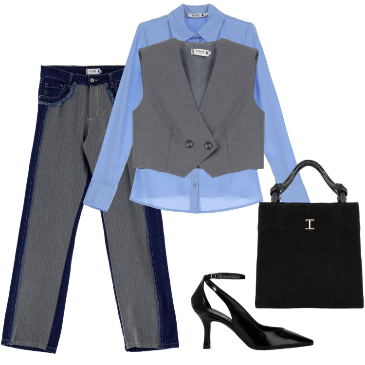 Outfit donna - Il jeans bimaterico. Stile Casual per Scuola/Università. Abbinamento con camicie, jeans, gilet, shopping bag, décolleté.
