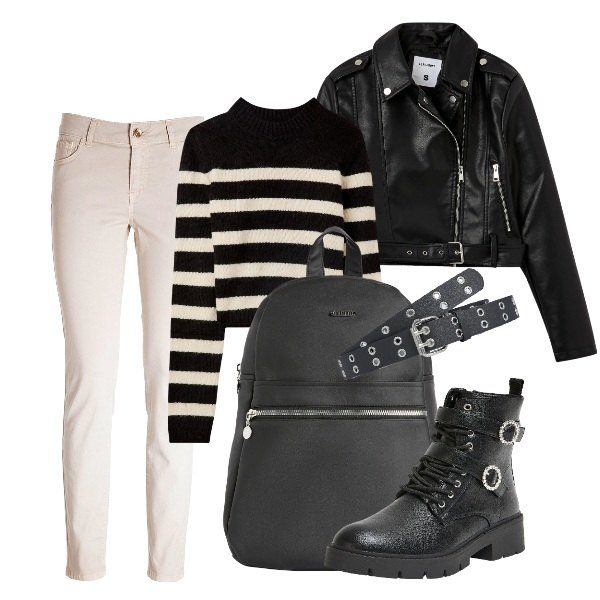 Outfit donna - Rock in bianco e nero con il biker. Stile Rock per Tutti i giorni. Abbinamento con maglieria, anfibi, giacche, cinture, jeans skinny, zaini.