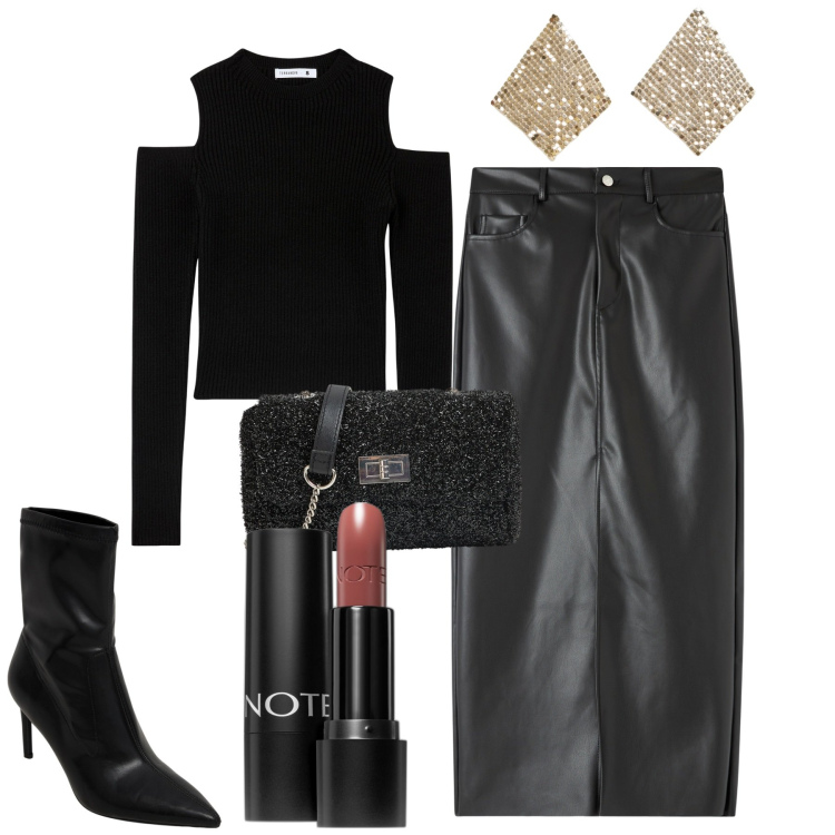 Outfit donna - Serata. Stile Trendy per Tutti i giorni. Abbinamento con rossetti, maglieria, stivaletti, borse a tracolla, orecchini, gonne lunghe.
