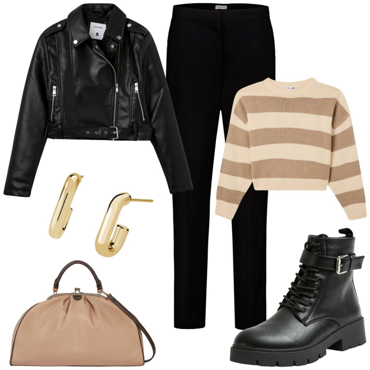 Outfit donna - Rock chic. Stile Rock per Tutti i giorni. Abbinamento con maglieria, anfibi, giacche, orecchini, pantaloni, borse a spalla.