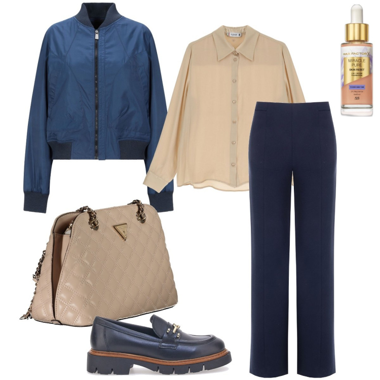 Outfit donna - Ottobre in ufficio. Stile Mannish per Ufficio. Abbinamento con blazer, fondotinta, pantaloni, camicie, mocassini, borse a spalla.
