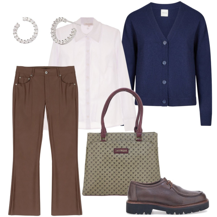 Outfit donna - Il cardigan blu. Stile Minimal per Tutti i giorni. Abbinamento con orecchini, pantaloni, camicie, cardigans, scarpe stringate, borse a mano.