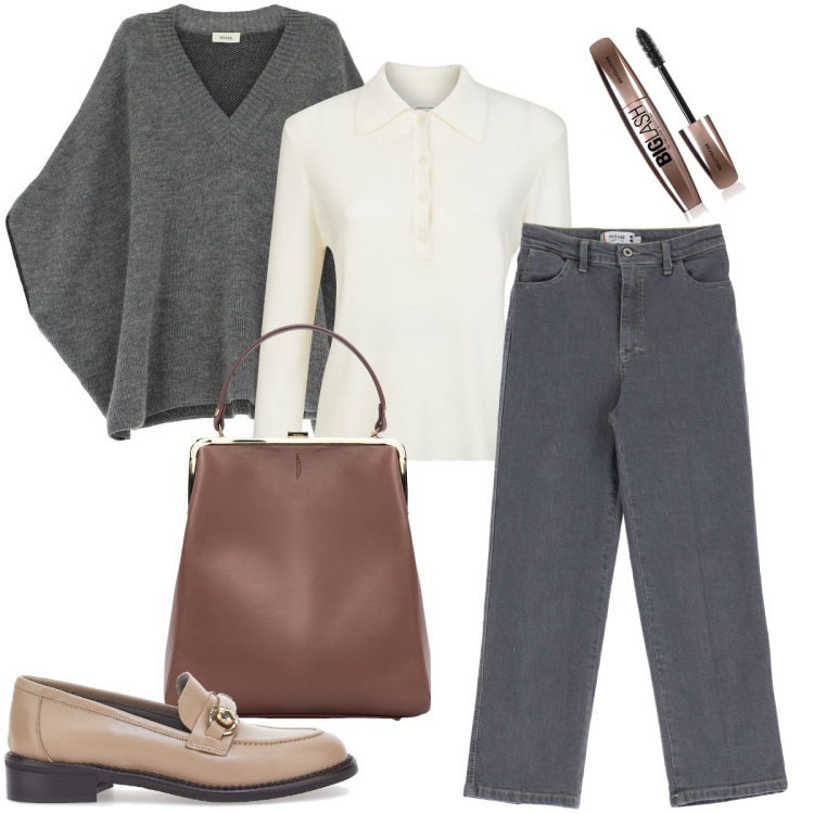 Outfit donna - Con il poncho. Stile Urban per Tutti i giorni. Abbinamento con mascara, jeans dritti, cappotti, borse a spalla, mocassini, polo.