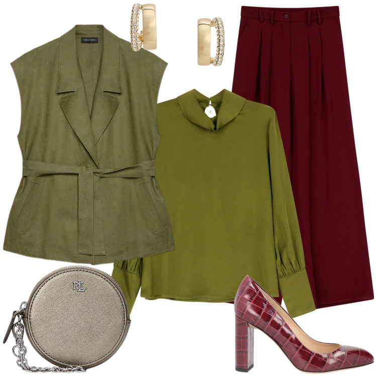 Outfit donna - Come le foglie. Stile Bon Ton per Ufficio. Abbinamento con décolleté, pantaloni, camicie, orecchini, pochette, blazer.