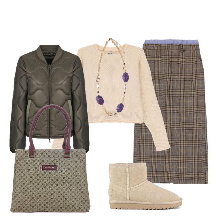 Outfit donna - Total look #1971400. Stile Casual chic per Ufficio. Abbinamento con gonne lunghe, pullovers, blazer, stivali, borse a mano, ciondoli.