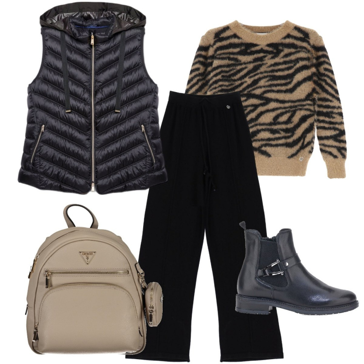 Outfit donna - Il piumino smanicato. Stile Trendy per Scuola/Università. Abbinamento con pantaloni, maglieria, stivaletti, zaini, piumini.