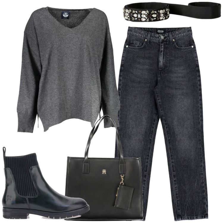 Outfit donna - City. Stile Basic per Tutti i giorni. Abbinamento con jeans, stivaletti, maglieria, cinture, borse a spalla.