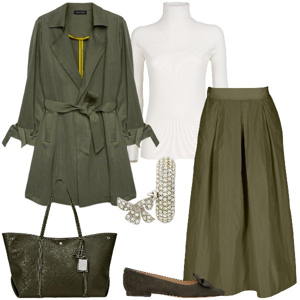 Outfit donna - Total look #1971429. Stile Casual chic per Ufficio. Abbinamento con ballerine, orecchini, borse tote, trench, gonne, maglieria.