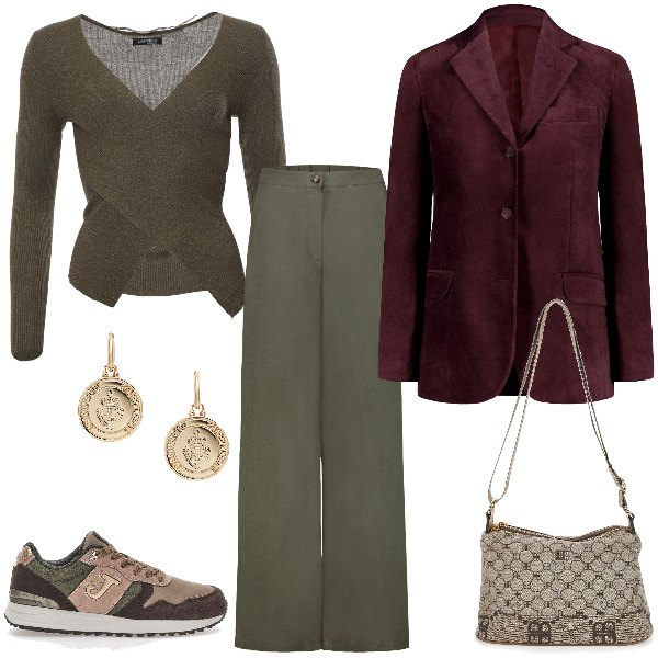 Outfit donna - Total look #1971446. Stile Casual chic per Ufficio. Abbinamento con maglieria, orecchini, blazer, pantaloni, sneakers, borse a tracolla.