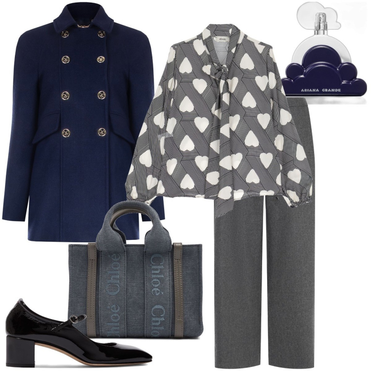 Outfit donna - Il profumo di Ariana Grande. Stile Bon Ton per Ufficio. Abbinamento con profumi, cappotti, camicie, décolleté, borse a mano, pantaloni.