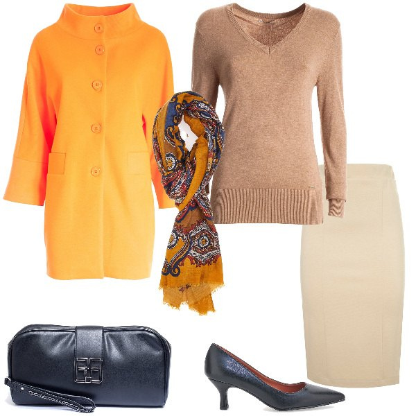Outfit donna - Total look #1971463. Stile Glamour per Ufficio. Abbinamento con maglieria, cappotti, pochette, décolleté, gonne, sciarpe.
