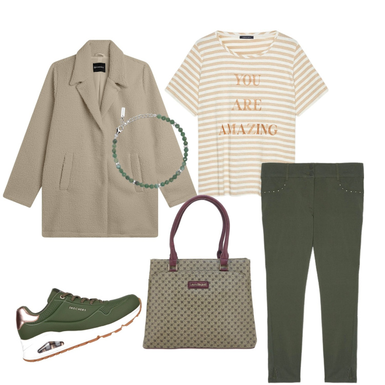 Outfit donna - In verde oliva in ufficio. Stile Bon Ton per Ufficio. Abbinamento con braccialetti, cappotti, sneakers, pantaloni skinny, borse a mano, t-shirt.