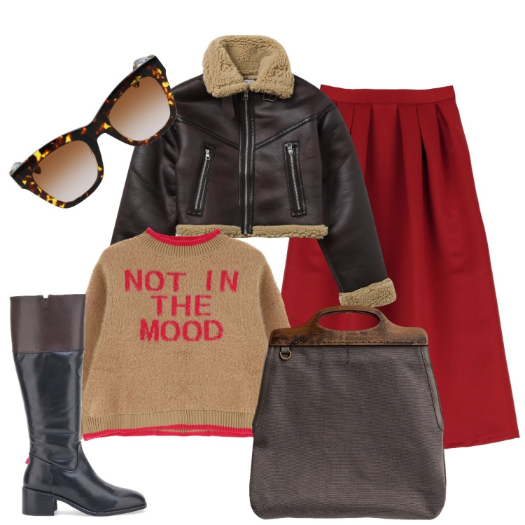 Outfit donna - In città. Stile Trendy per Tutti i giorni. Abbinamento con blazer, pullovers, gonne lunghe, borse a tracolla, stivali, occhiali da sole.