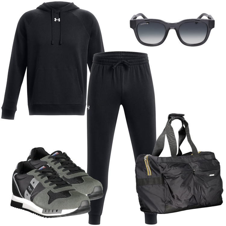 Outfit uomo - Il completo Under Armour. Stile Casual per Sport. Abbinamento con felpe con cappuccio, sneakers, pantaloni, borse sportive, occhiali da sole.