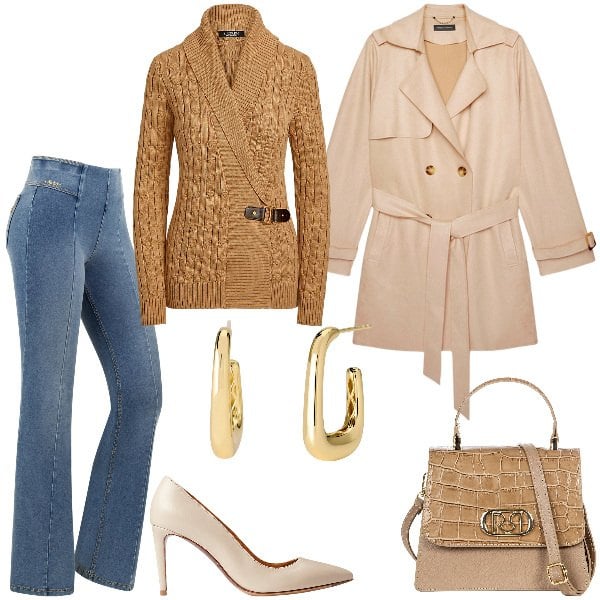 Outfit donna - Total look #1971509. Stile Glamour per Ufficio. Abbinamento con orecchini, borse a mano, jeans a zampa, maglieria, décolleté, trench.