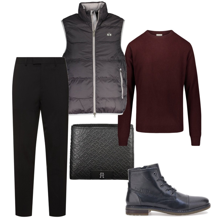 Outfit uomo - Elegante in ufficio. Stile Business/Elegante per Ufficio. Abbinamento con maglieria, stivali e stivaletti, pantaloni, giacche, portafogli.