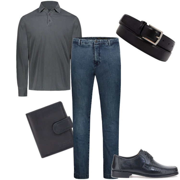 Outfit uomo - Classico anche con i jeans. Stile Business/Elegante per Serata speciale. Abbinamento con portafogli, scarpe stringate, jeans, polo, cinture.