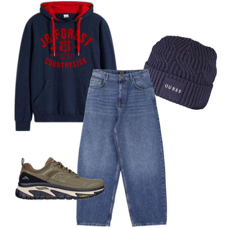Outfit uomo - Super trendy. Stile Trendy per Tutti i giorni. Abbinamento con felpe con cappuccio, jeans, sneakers, berretti.