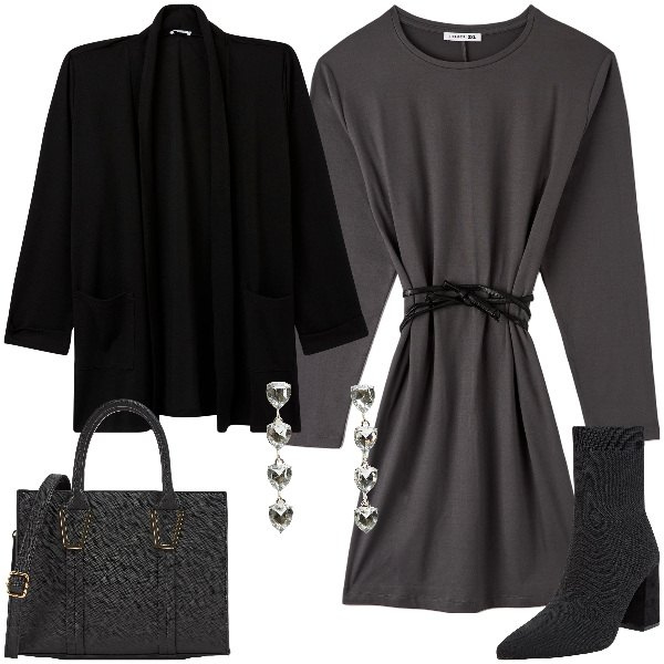 Outfit donna - Total look #1971540. Stile Casual chic per Ufficio. Abbinamento con orecchini, blazer, vestiti midi/longuette, stivaletti, shopping bag.