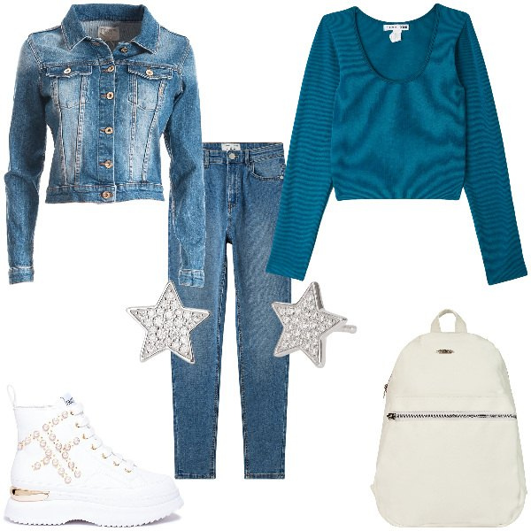 Outfit donna - Total look #1971552. Stile Casual chic per Scuola/Università. Abbinamento con jeans skinny, t-shirt, orecchini, sneakers, blazer, zaini.