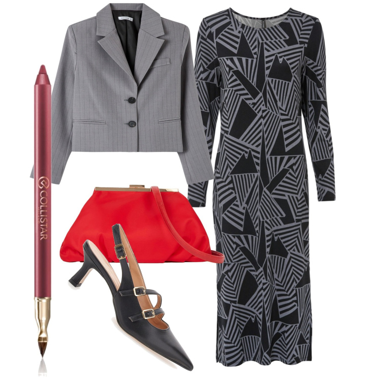 Outfit donna - Gessato e optical. Stile Casual per Serata fuori. Abbinamento con vestiti midi/longuette, blazer, matite labbra, décolleté, pochette.