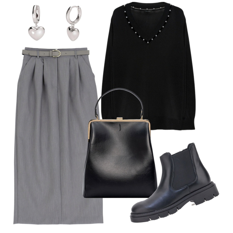 Outfit donna - Grigio autunno. Stile Bon Ton per Ufficio. Abbinamento con orecchini, gonne lunghe, stivaletti, maglieria, borse a spalla.