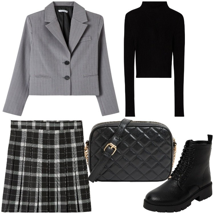 Outfit donna - Righe e quadri. Stile Casual chic per Serata fuori. Abbinamento con maglieria, minigonne, blazer, anfibi, borse a tracolla.