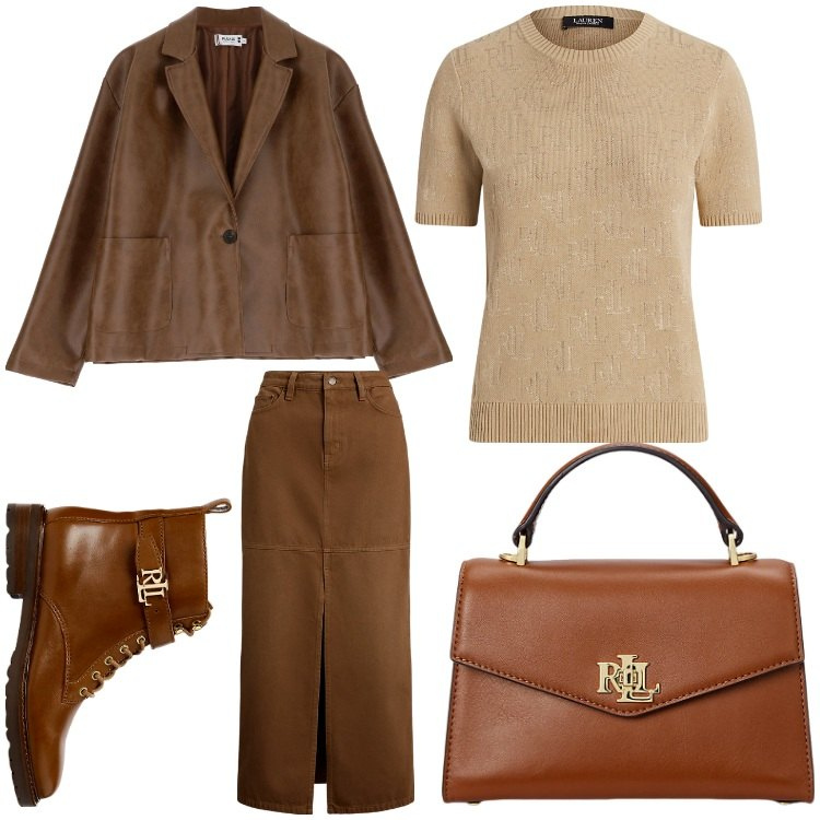 Outfit donna - Marrone caldo. Stile Casual chic per Ufficio. Abbinamento con blazer, borse a mano, stivaletti, gonne, maglieria.