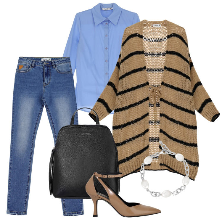 Outfit donna - Denim station con maxi cardigan. Stile Casual chic per Tutti i giorni. Abbinamento con camicie, jeans skinny, cardigans, braccialetti, zaini, décolleté.