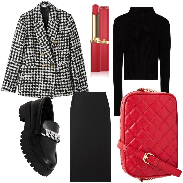 Outfit donna - Rosso e quadretti. Stile Casual chic per Ufficio. Abbinamento con rossetti, mocassini, blazer, gonne lunghe, borse a tracolla, maglieria.