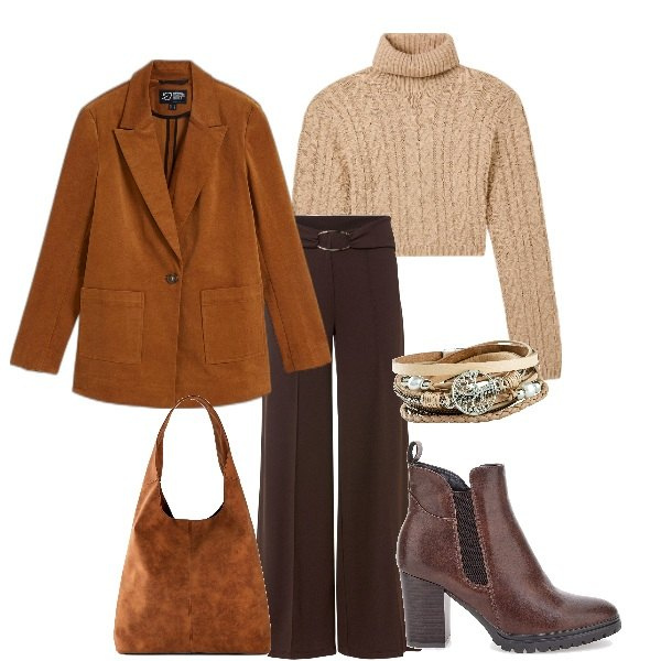 Outfit donna - Marrone, in tutte le sue sfumature. Stile Trendy per Tutti i giorni. Abbinamento con braccialetti, pantaloni a palazzo, shopping bag, blazer, maglieria, stivaletti.