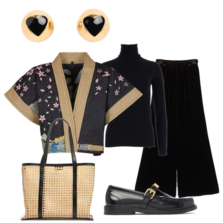 Outfit donna - La giacca kimono. Stile Trendy per Tutti i giorni. Abbinamento con pantaloni, kimono, mocassini, shopping bag, maglieria, orecchini.