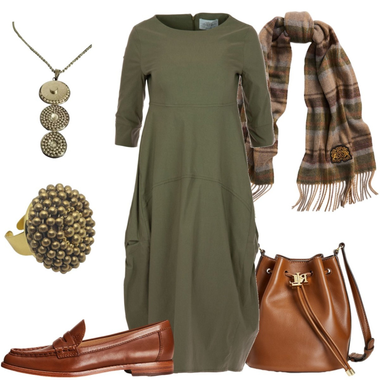 Outfit donna - Total look #1971664. Stile Urban per Tutti i giorni. Abbinamento con mocassini, borse a secchiello, sciarpe, vestiti, collane, anelli.
