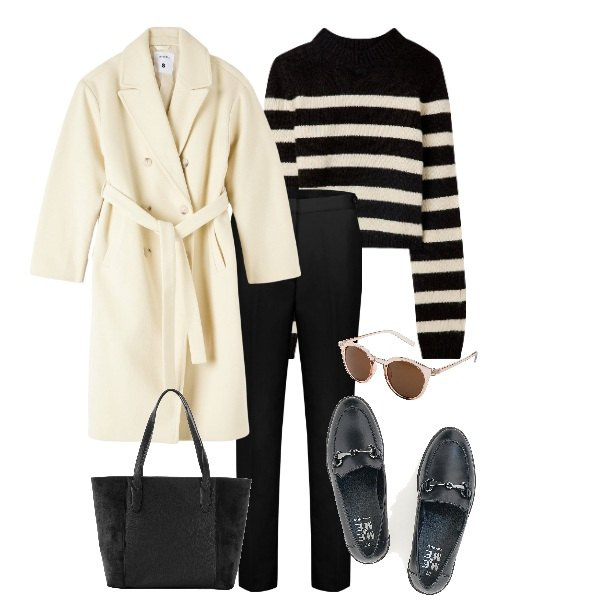 Outfit donna - Cappotto bianco. Stile Casual per Tutti i giorni. Abbinamento con shopping bag, occhiali da sole, cappotti, maglieria, pantaloni, mocassini.