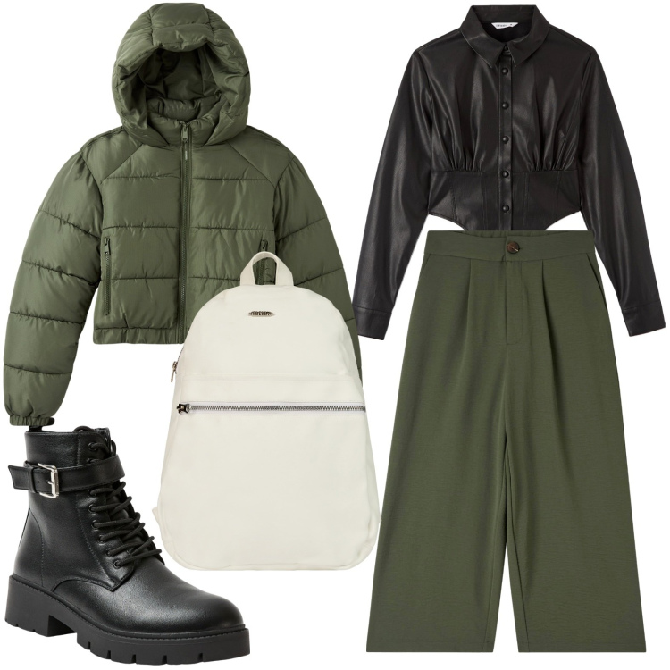 Outfit donna - Leather mania - camicia rock. Stile Casual per Scuola/Università. Abbinamento con pantaloni a palazzo, camicie, anfibi, blazer, zaini.