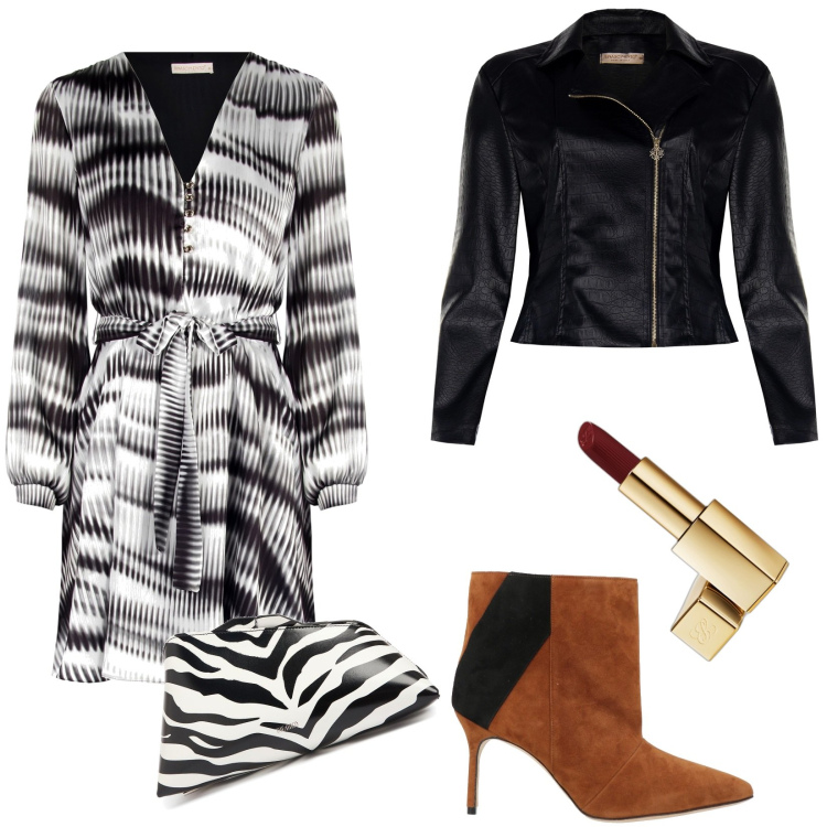 Outfit donna - Stivaletti scamosciati in autunno. Stile Chic per Serata fuori. Abbinamento con stivaletti, rossetti, giacche, vestiti corti, pochette.