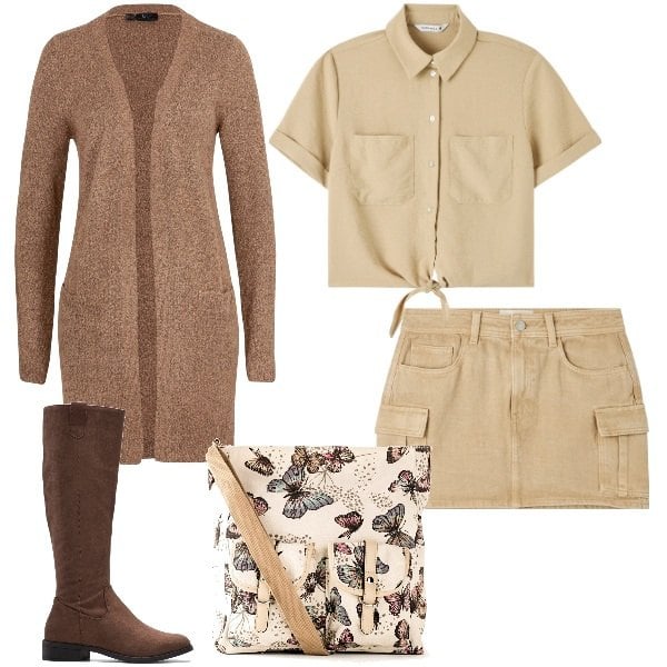 Outfit donna - I colori della terra.. Stile Urban per Tutti i giorni. Abbinamento con stivali, borse a tracolla, cardigans, minigonne, camicie a manica corta.