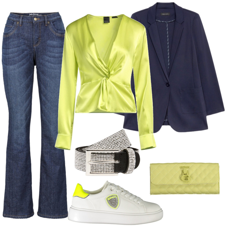 Outfit donna - Coquette. Stile Casual per Tutti i giorni. Abbinamento con jeans bootcut, top, sneakers, blazer, portafogli, cinture.