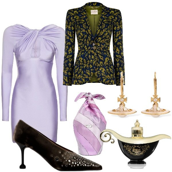 Outfit donna - insolita. Stile Chic per Serata fuori. Abbinamento con profumi, blazer, décolleté, vestiti, borse a mano, orecchini.