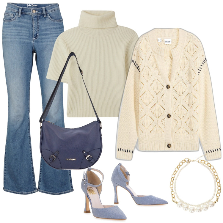 Outfit donna - Total look #1971734. Stile Casual per Ufficio. Abbinamento con cardigans, jeans bootcut, maglieria, collane, décolleté, borse a tracolla.