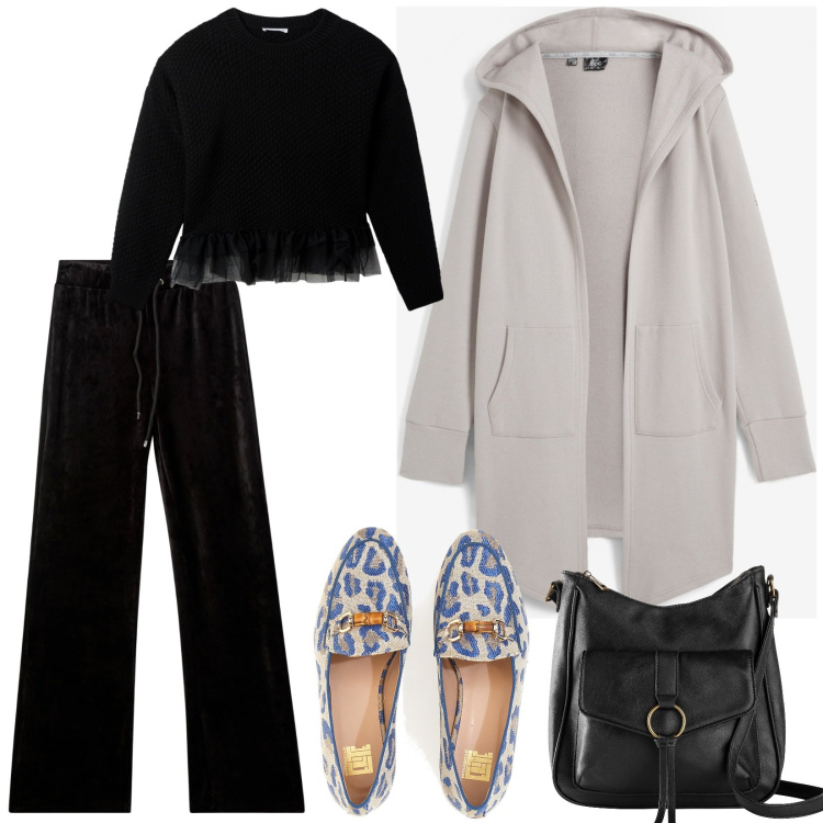 Outfit donna - Giacca con cappuccio pratica. Stile Basic per Tutti i giorni. Abbinamento con blazer, borse a tracolla, maglieria, pantaloni, mocassini.