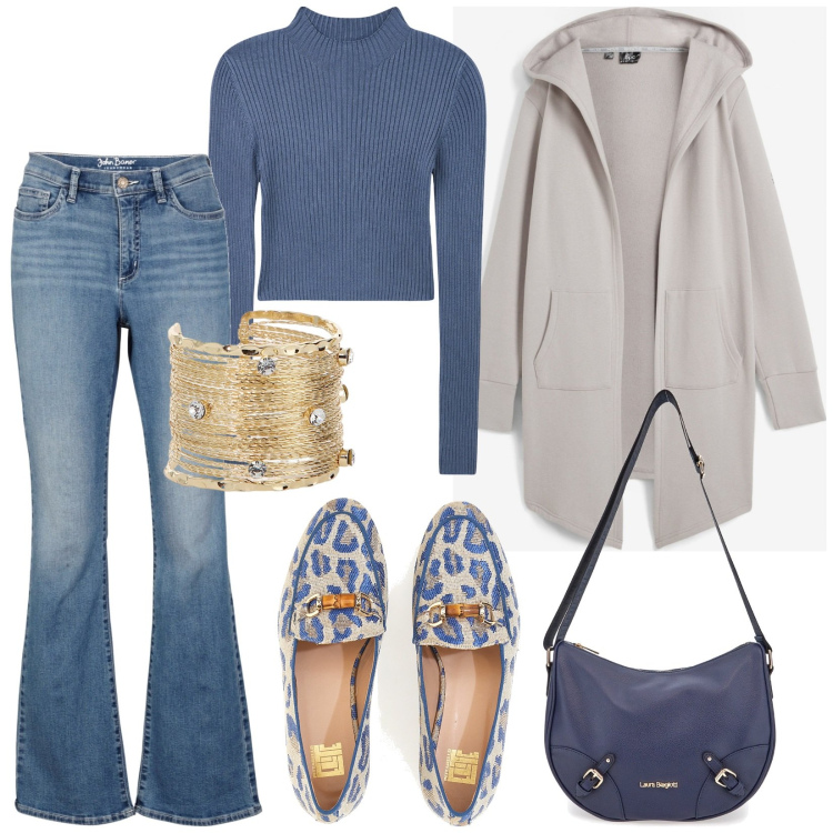 Outfit donna - Basic. Stile Basic per Tutti i giorni. Abbinamento con blazer, jeans bootcut, maglieria, braccialetti, borse a tracolla, mocassini.