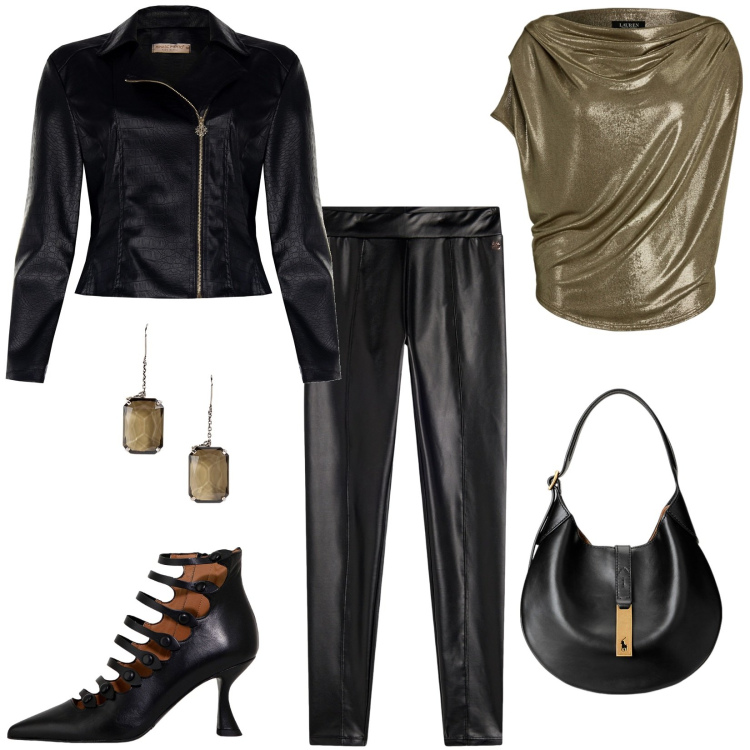 Outfit donna - Leather Mania!. Stile Rock per Serata fuori. Abbinamento con stivaletti, giacche, treggings, borse a spalla, top, orecchini.