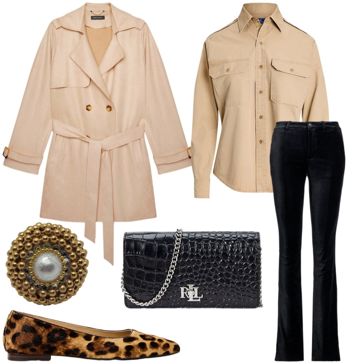 Outfit donna - Trench abbinato alle ballerine animalier. Stile Casual chic per Ufficio. Abbinamento con camicie, ballerine, borse a mano, pantaloni, anelli, trench.