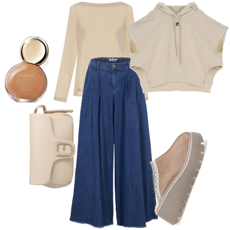 Outfit donna - Total look #1971788. Stile Basic per Tutti i giorni. Abbinamento con gonne, borse a mano, fondotinta, felpe con cappuccio, t-shirt, zoccoli.
