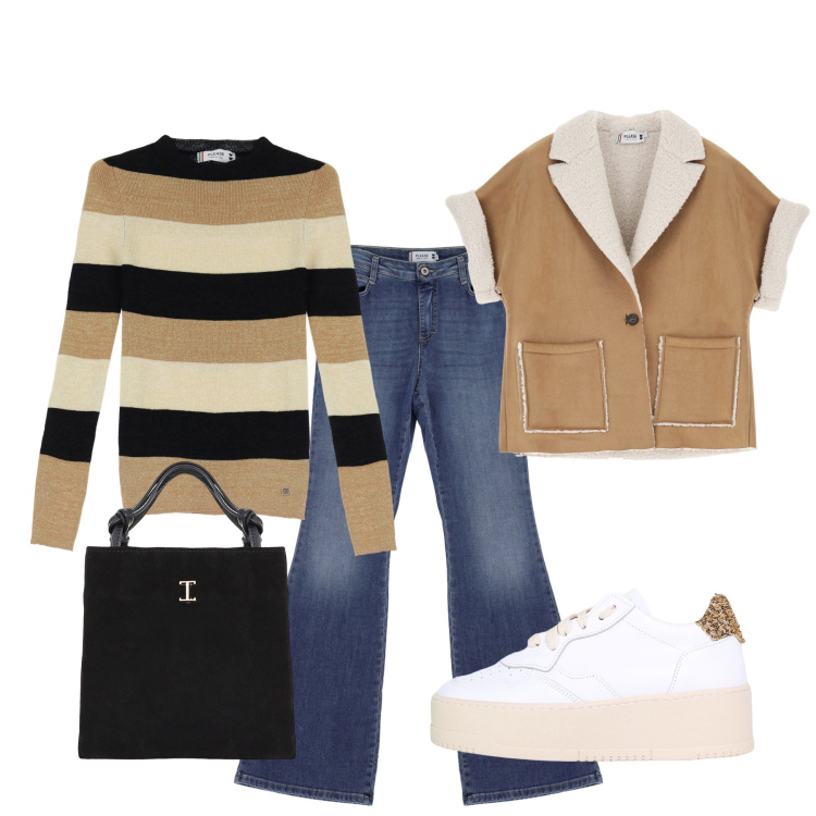 Outfit donna - Total look #1971790. Stile Casual per Ufficio. Abbinamento con blazer, pullovers, jeans, sneakers, shopping bag.