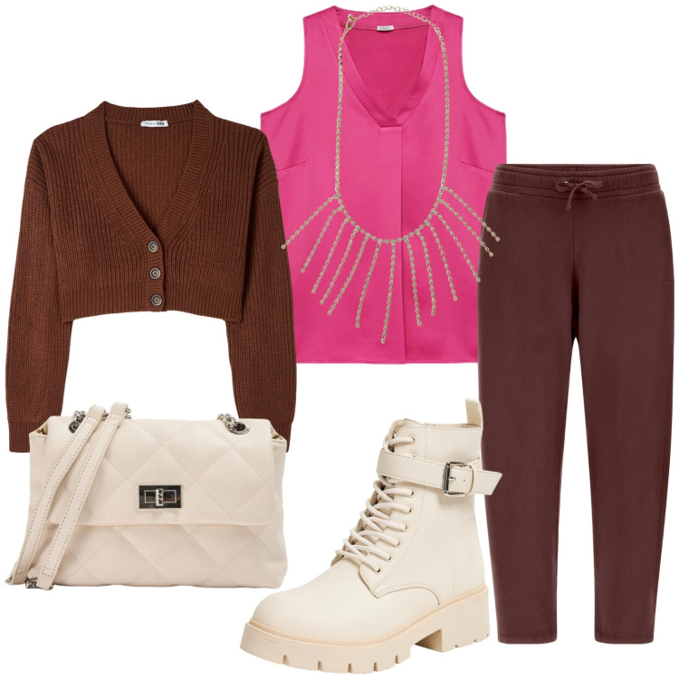Outfit donna - Mix and match - look unico. Stile Casual chic per Tutti i giorni. Abbinamento con collane, anfibi, borse a spalla, cardigans, pantaloni, top.